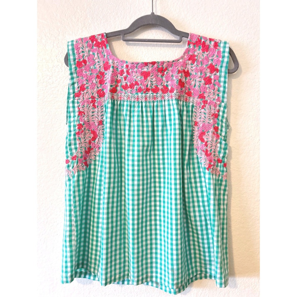 J. Marie‎ Boho Green Gingham Pink Floral Embroidered Sleeveless Top SZ S - Picture 3 of 7